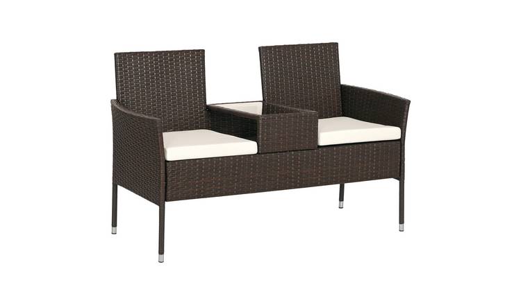Outsunny Rattan Garden Bench with Glass Tea Table - Brown and Cream White
