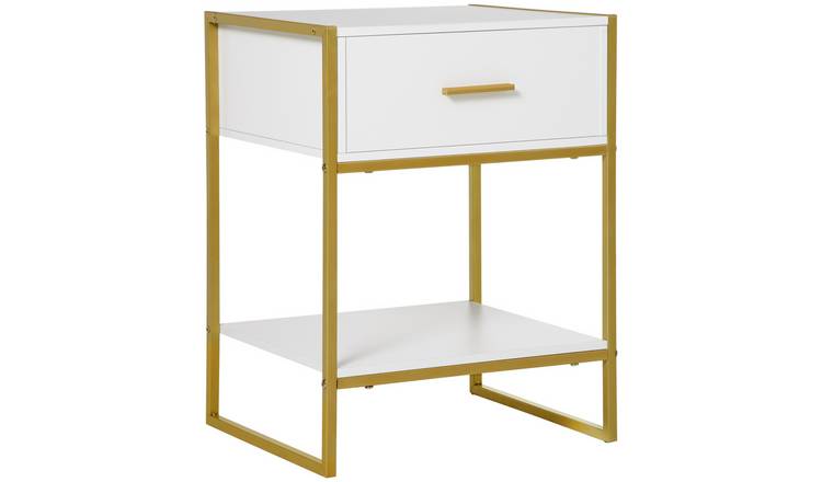 HOMCOM Bedside Table with Drawer and Metal Frame - White