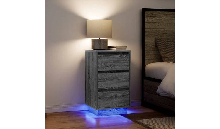 Walplus LED 3 Drawer Bedside Cabinet - Grey and Oak - 38 x 34 x 65 cm