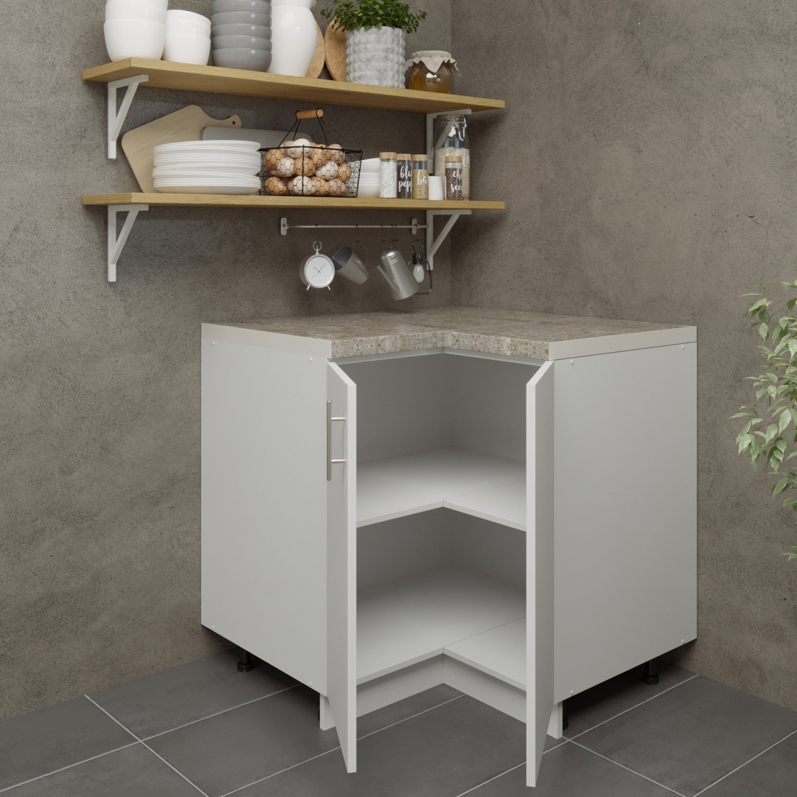 JD Greta 900mm Adjustable Base Corner Cabinet 2 Doors & Worktop - White Matt - Image 2