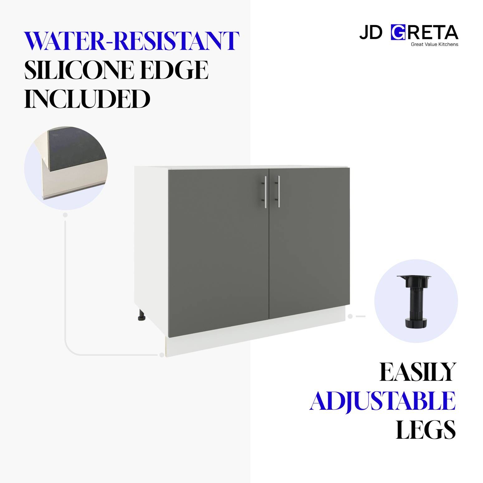 JD Greta 900mm Adjustable Base Corner Cabinet 2 Doors & Worktop - White Matt - Image 6