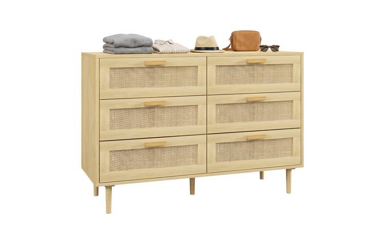 HOMCOM Bohemian 6 Drawer Chest with Rattan Element - Oak