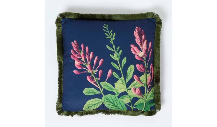 Homescapes Cotton Floral Fringe Cushion – 45 × 45 cm – Blue
