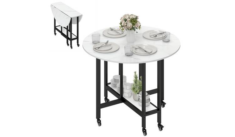 HOMCOM 2-4 Seater Round Folding Dining Table with Open Shelf - White Marble