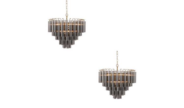 Loops Direct Set of 2 Satin Brass Chandelier - Smokey Grey Glass