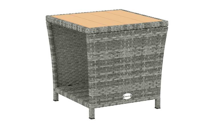 Outsunny 2 Tier Rattan Wood Slat Side Table - Light Grey
