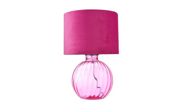 Happy Homewares Pink Ribbed Glass with Soft Velvet Fabric Table Lamp - 28cm