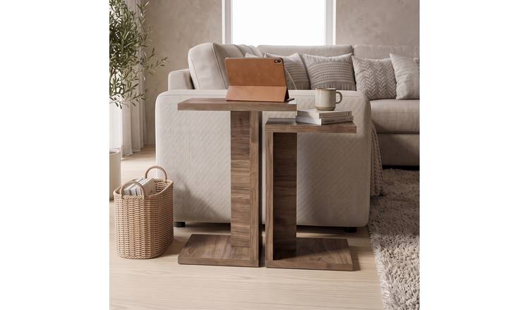 Decortie Nero Set of 2 C Shaped Sofa Side Tables - Walnut Effect