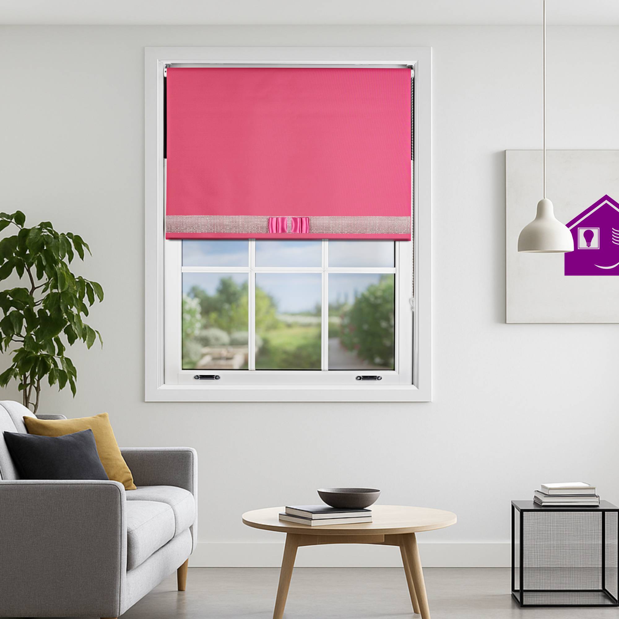 Furnished Fuchsia Blackout Roller Blind Diamante Strip and Bow - 60 x 210cm - Image 1