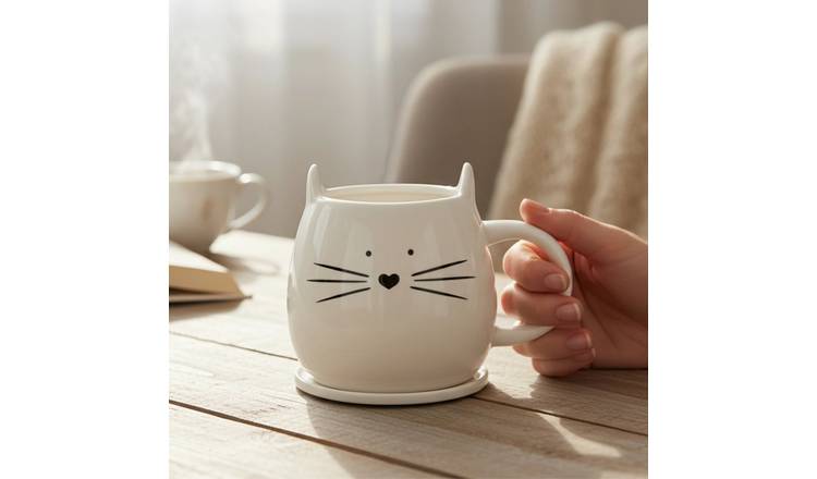 Orsina Ivory Cat Mug and Coaster – White