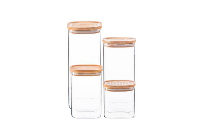Argon Tableware 4 Piece Square Glass Storage Jars Set with Wooden Lids