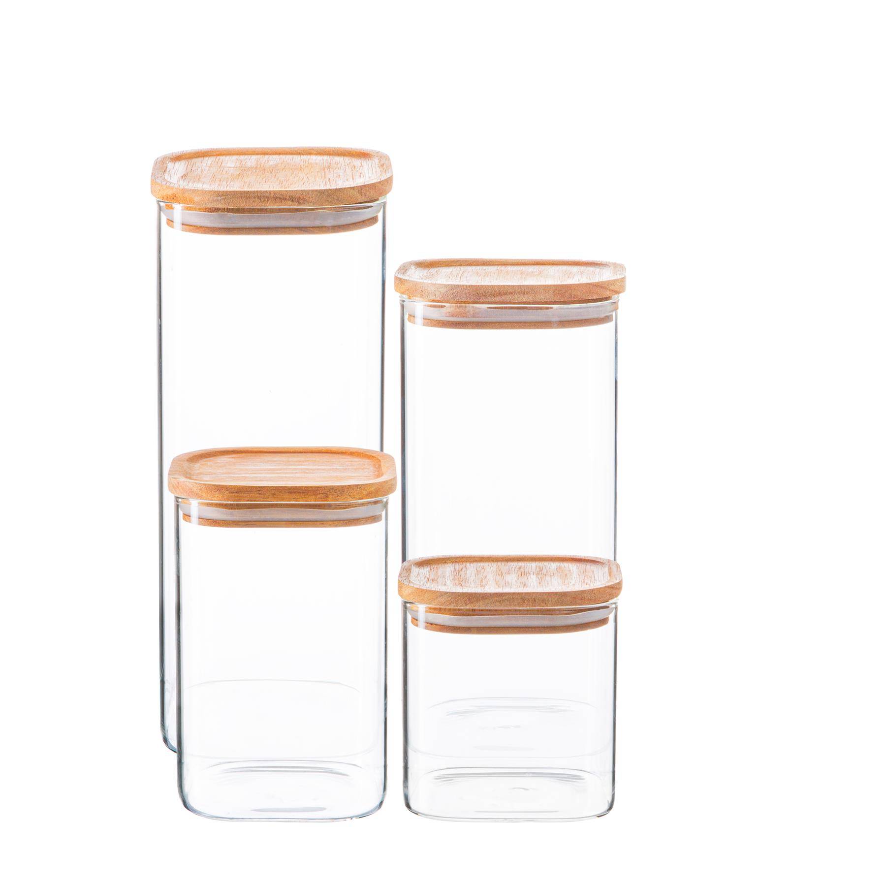 Argon Tableware 4 Piece Square Glass Storage Jars Set with Wooden Lids - Image 1