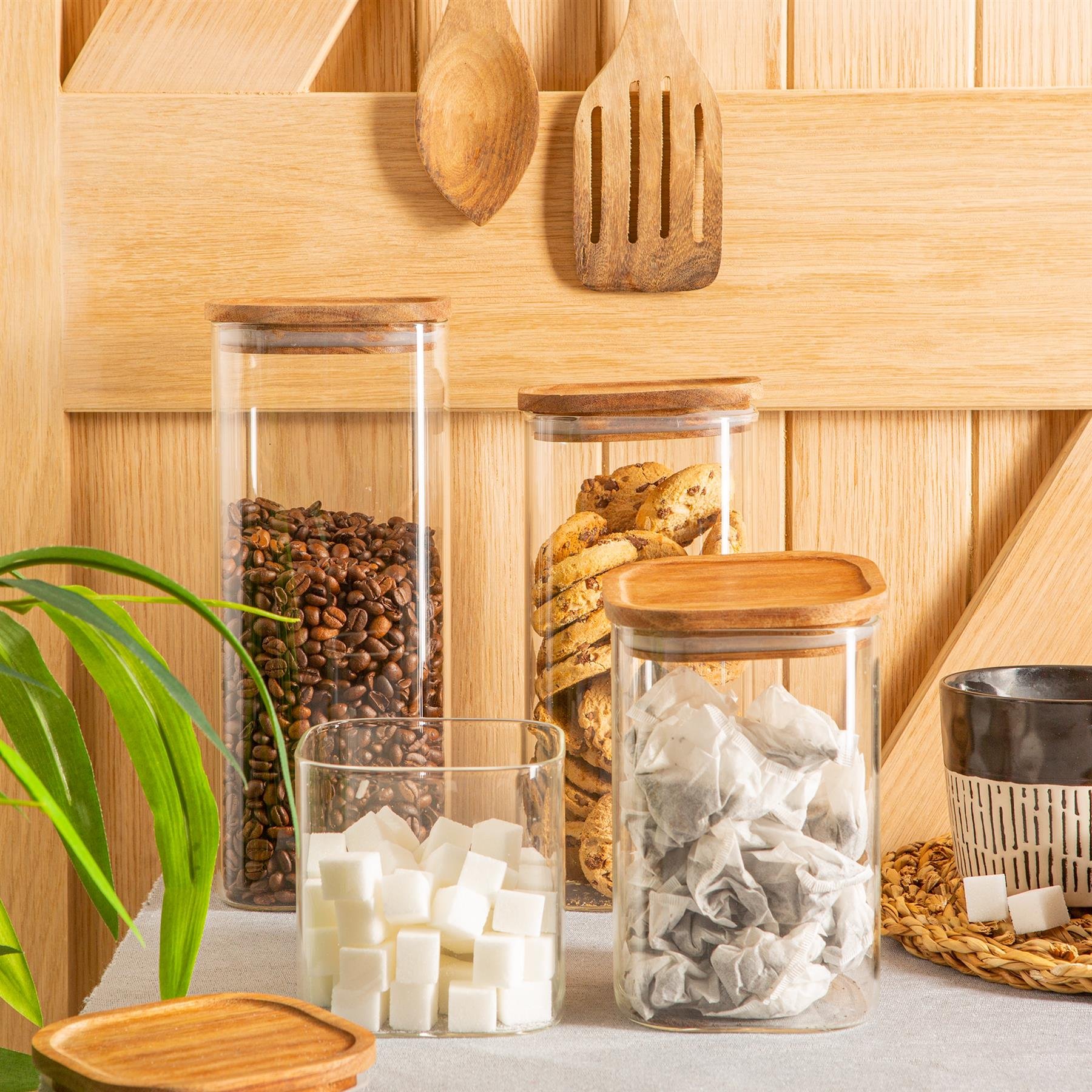 Argon Tableware 4 Piece Square Glass Storage Jars Set with Wooden Lids - Image 5