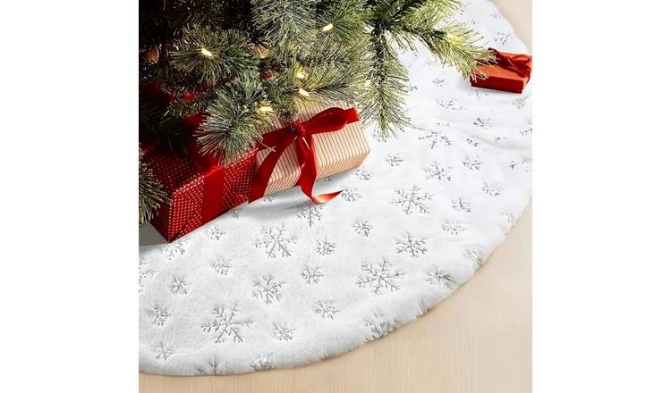 My Christmas White Plush Tree Skirt with Snowflake Sequin Design - 90cm