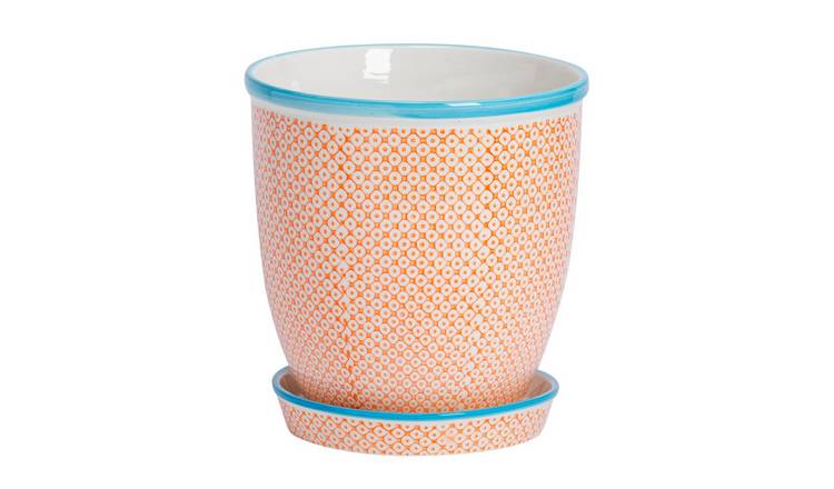 Nicola Spring Hand-Printed Plant Pot with Saucer - Orange