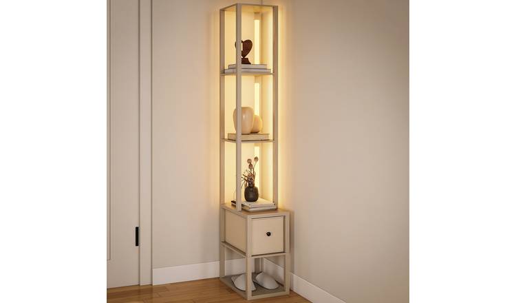 HOMCOM LED Floor Lamp With Shelves And Fabric Drawer - Oak