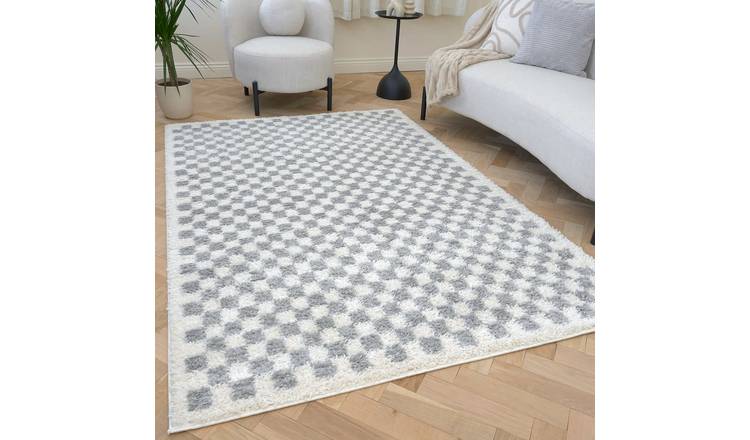 The Rugs Grey Moodi Chequered Shaggy Rug - 80 x 150cm