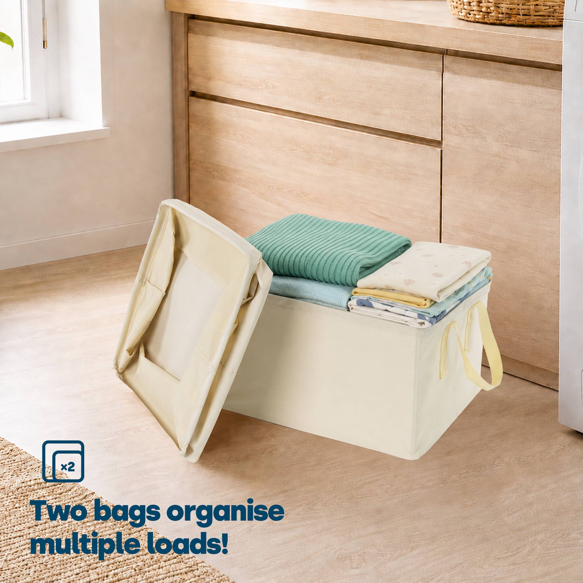 LIVIVO Set of 2 Collapsible Fabric Laundry Bags - Beige - Image 5