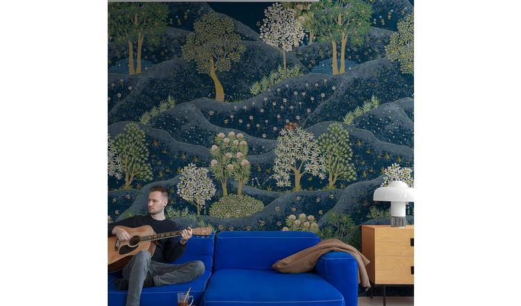 Grandeco Whimsy Landscape 3 Lane Repeatable wallpaper Mural  - Blue