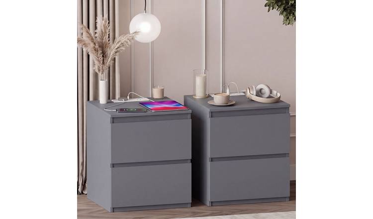 Vida Designs Denver 2 Drawer Bedside with Power Outlet - Set of 2 - Grey