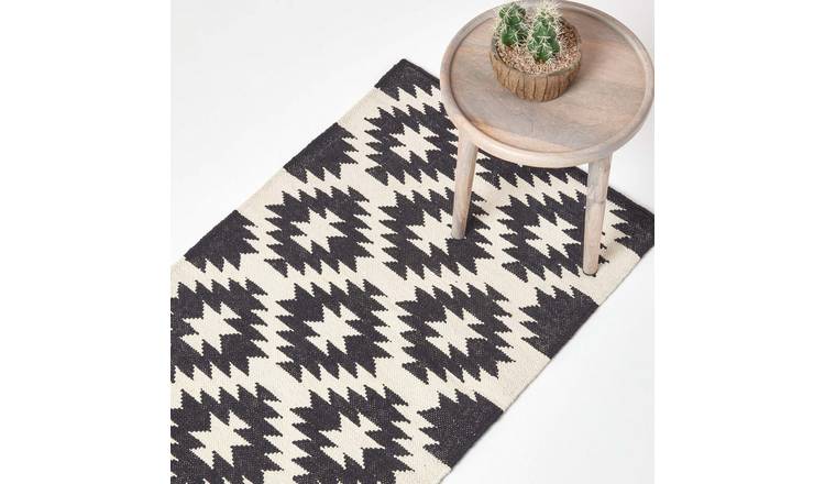 Homescapes Black White Zurich Geometric Cotton Kilim Rug - 66 x 200cm