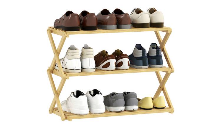 HOMCOM 3 Tier Bamboo Foldable Shoe Shelf - Natural Wood