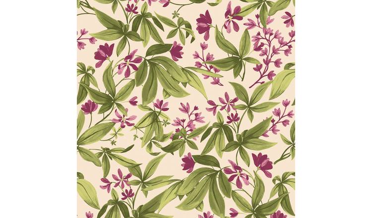 Grandeco Morgan Hand painted Leaves Flowers Textured Wallpaper - Olive Purple