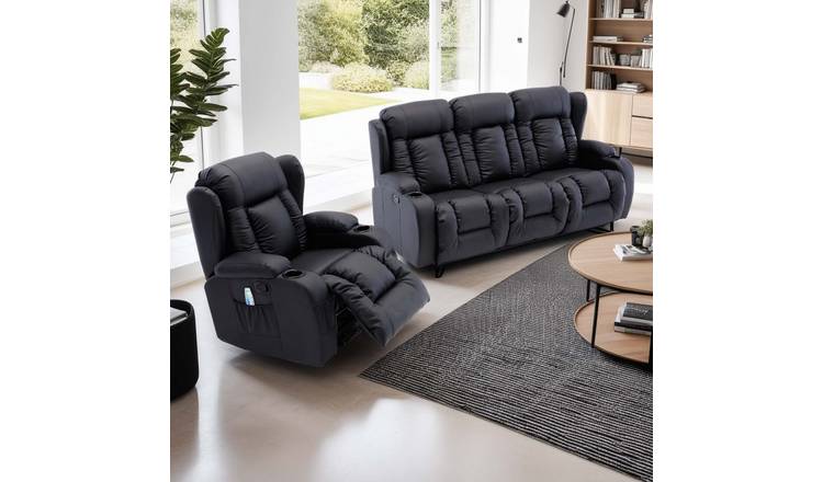 Furniture Online Caesar Manual Recliner Leather 1+3 Seater Sofa Set - Black
