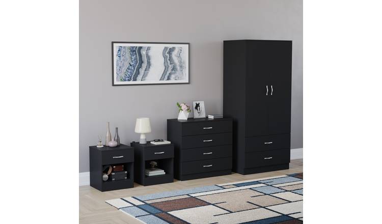 Vida Designs Riano Bedroom Set (Bedsides, 4 Drawer Chest, 2x2 Wardrobe) - Black