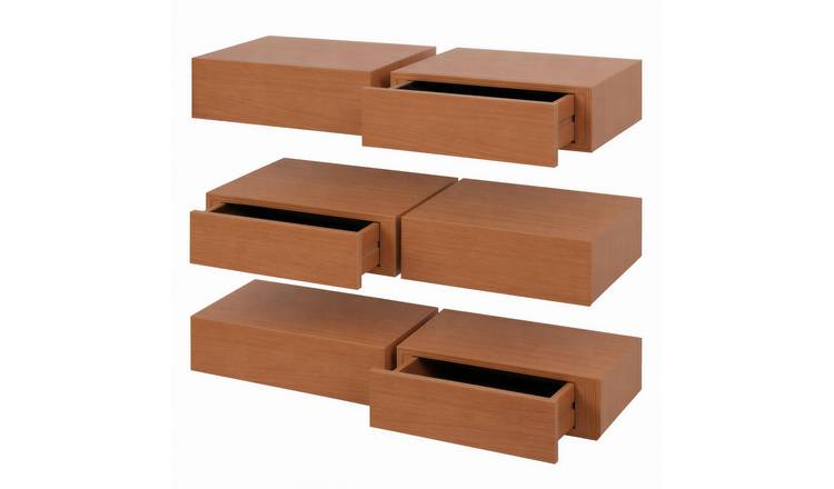 Harbour Housewares Wooden Floating Shelves with Drawer Pack of 6 - Walnut