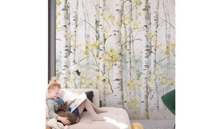 Grandeco Betula Silver Birch 3 Lane Repeatable Wallpaper Mural   - Neutral
