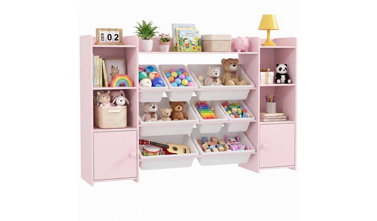 AIYAPLAY 140cm 8 Bin MDF Kids Bookshelf and Toy Storage Organiser – Pink