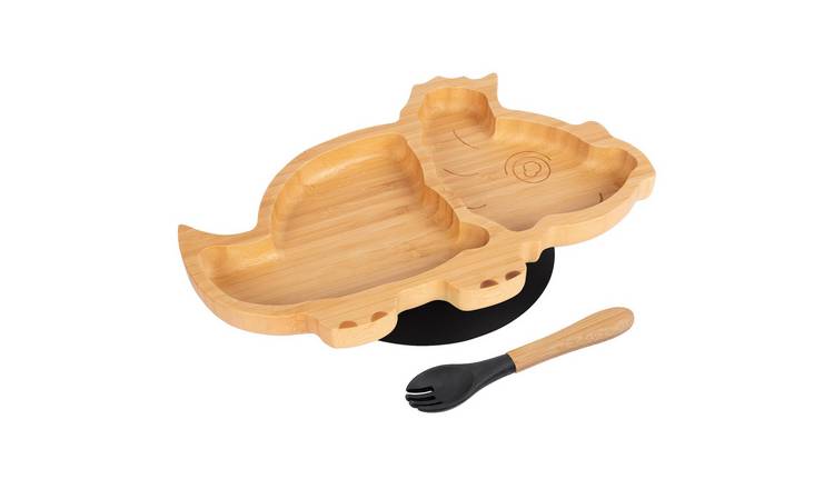 Tiny Dining Bamboo Dinosaur Baby Weaning Plate & Fork Set - Black