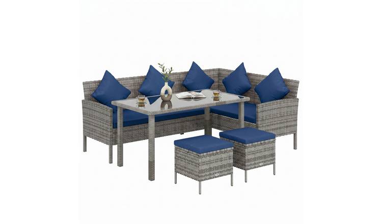Outsunny 5 Piece 6 Seater Rattan Dining Set with Wide Seat - Dark Blue