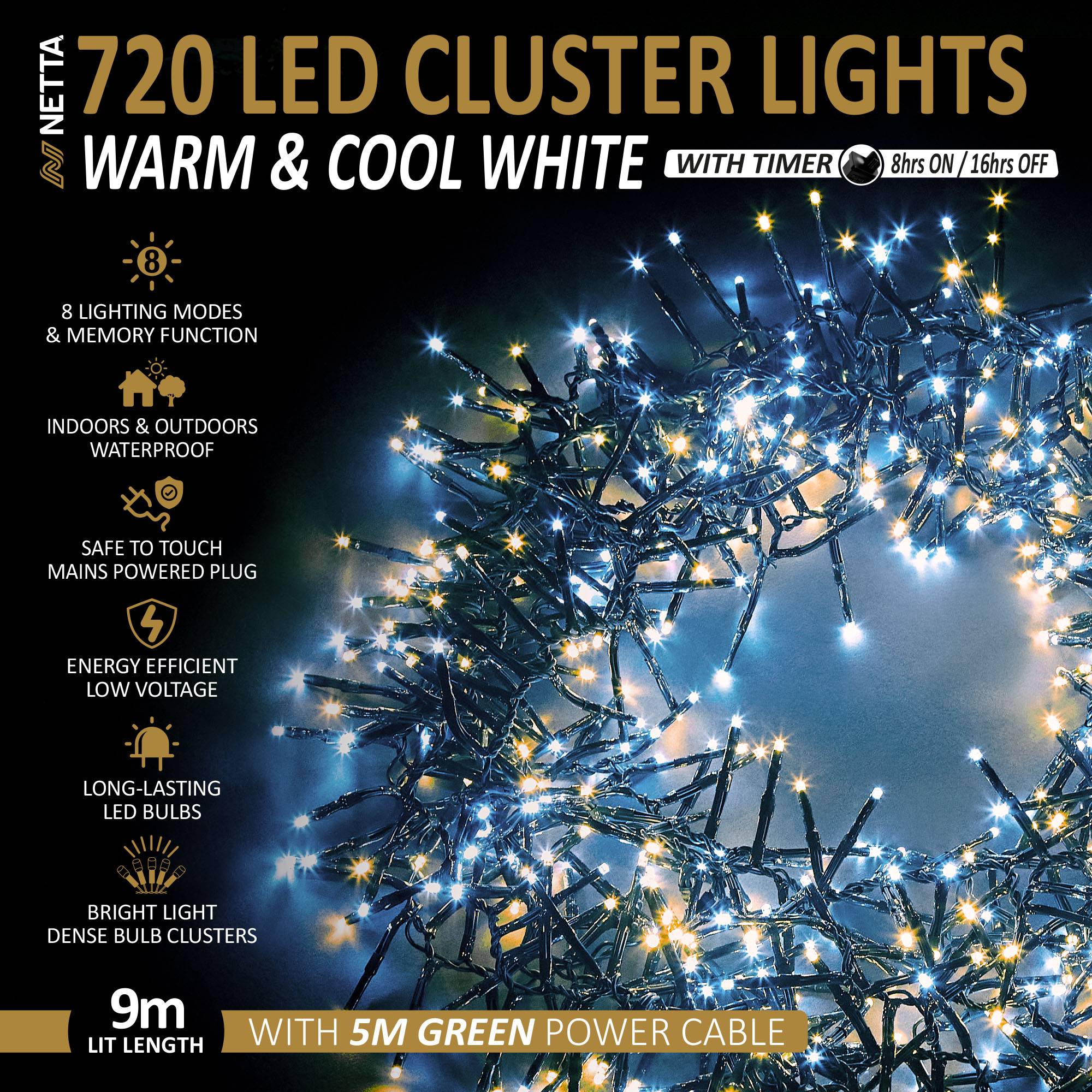 NETTA 720 LED 9m Christmas Cluster String Lights with Timer - Warm & Cool White - Image 2