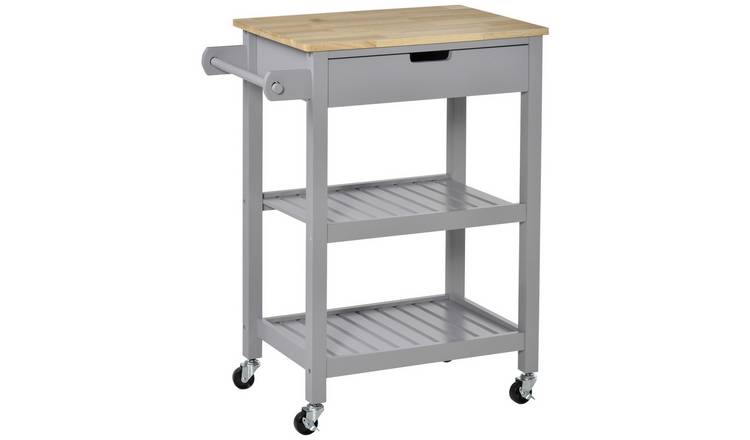 HOMCOM Kitchen Trolley with Rubberwood Worktop - Grey