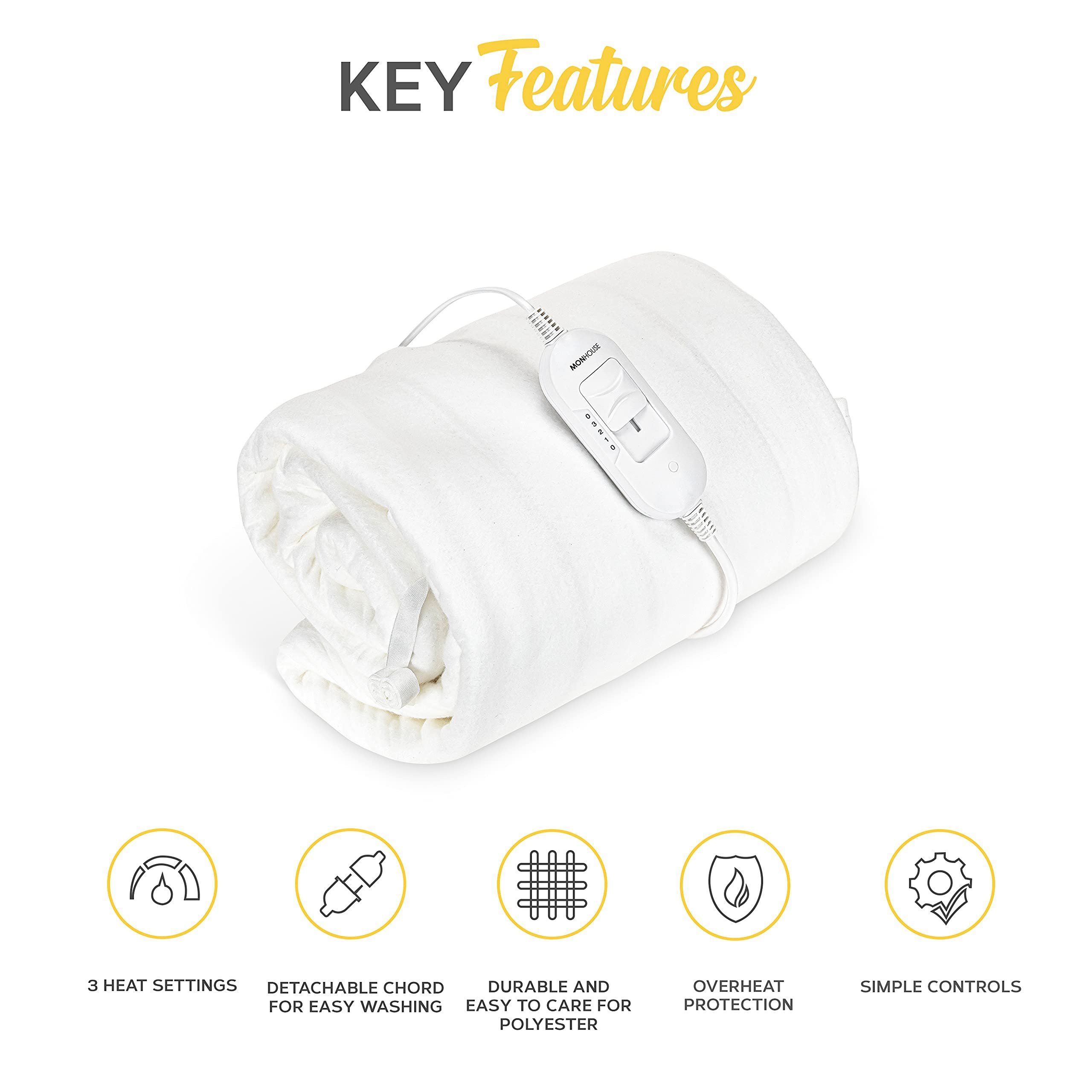 MONHOUSE Small Heated Electric Under Blanket Mattress Topper 3 Settings - White - Image 2