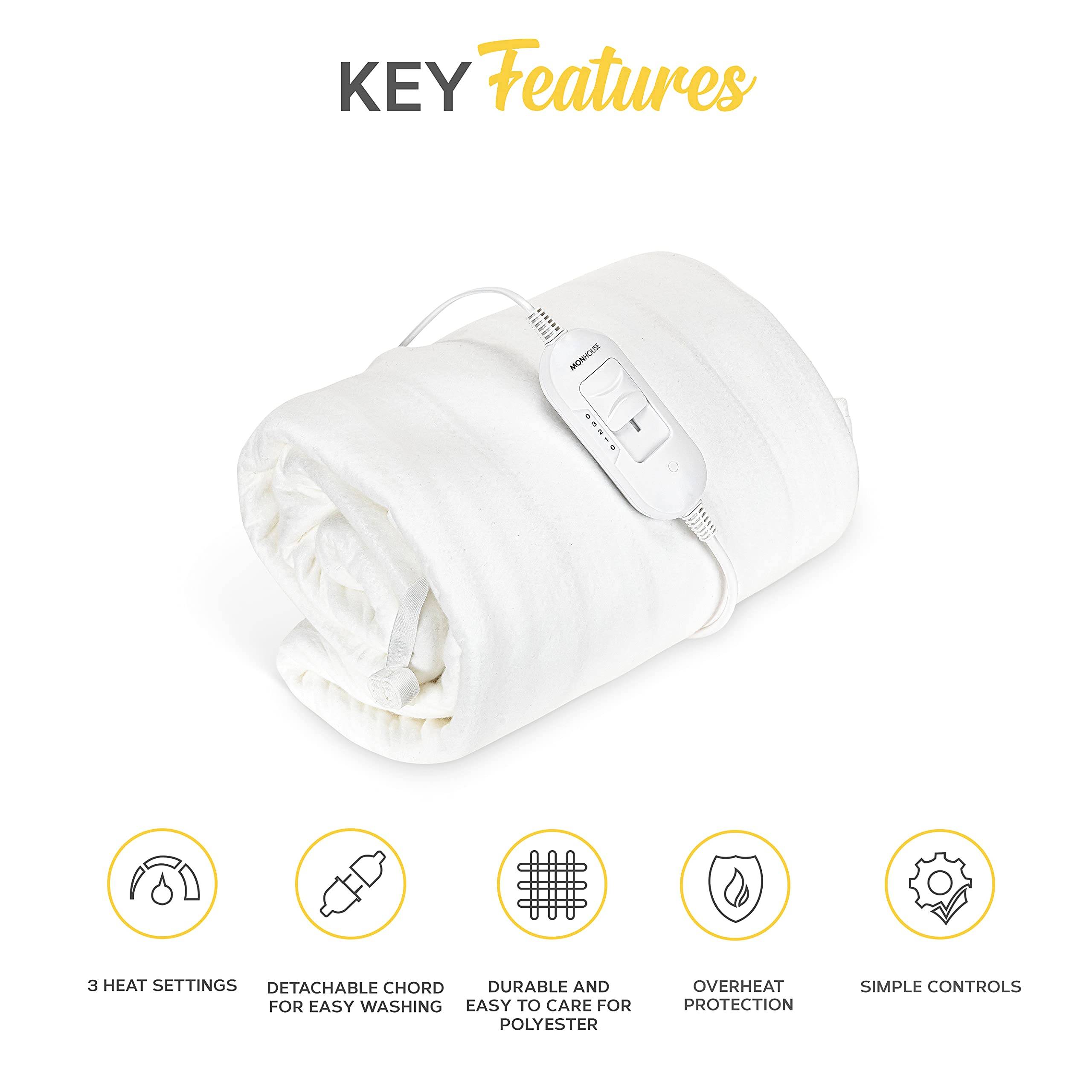MONHOUSE Small Heated Electric Under Blanket Mattress Topper 3 Settings - White - Image 2