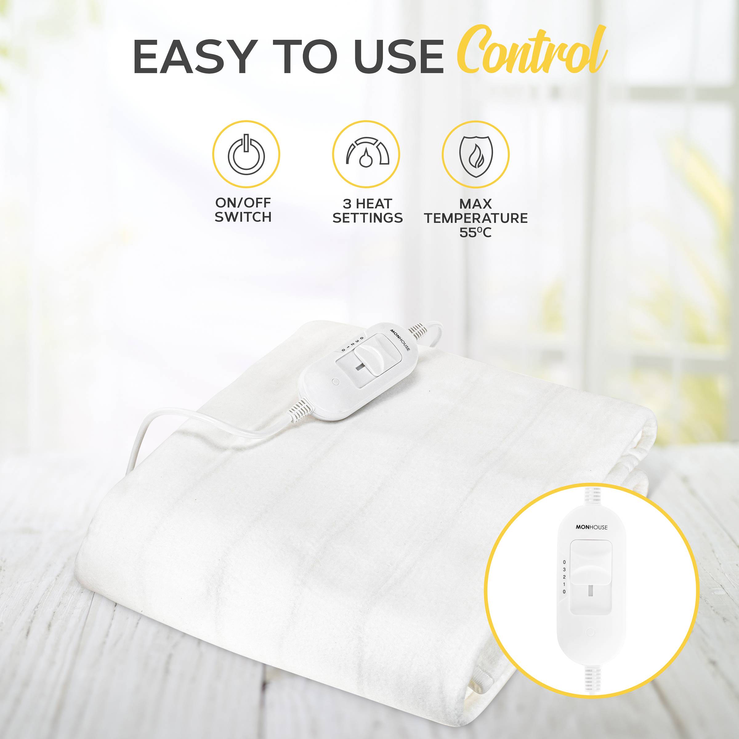 MONHOUSE Small Heated Electric Under Blanket Mattress Topper 3 Settings - White - Image 4