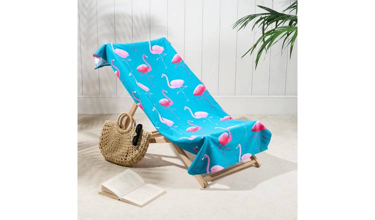 OHS Flamingo Print Microfibre Beach Towel - Sea Blue