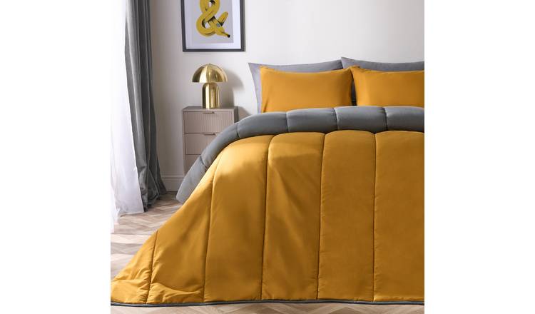 OHS Reversible 10.5 Tog Coverless Duvet Set Bedding Grey/Ochre - Single