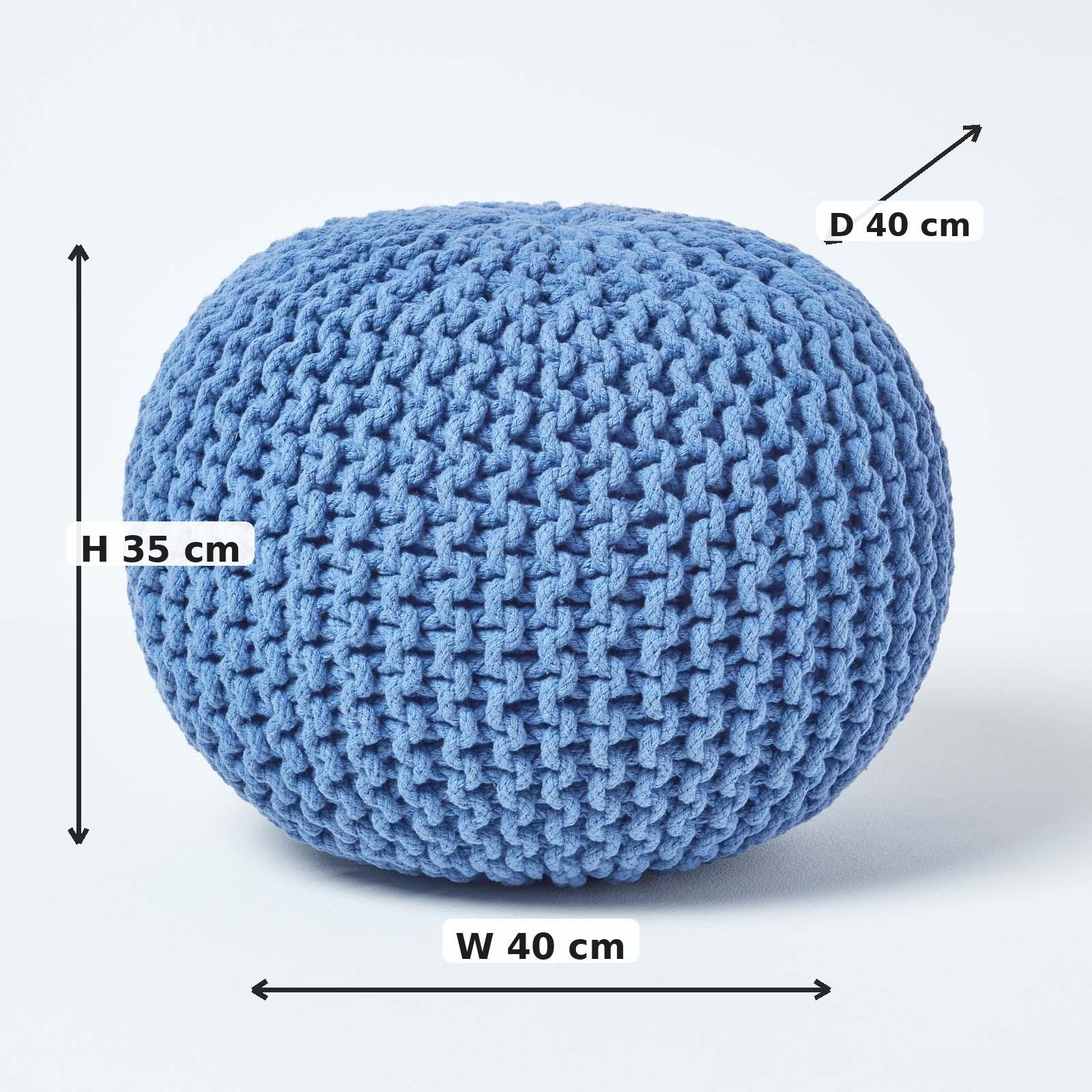Homescapes Round Cotton Knitted Pouffe Footstool – Blue - Image 7