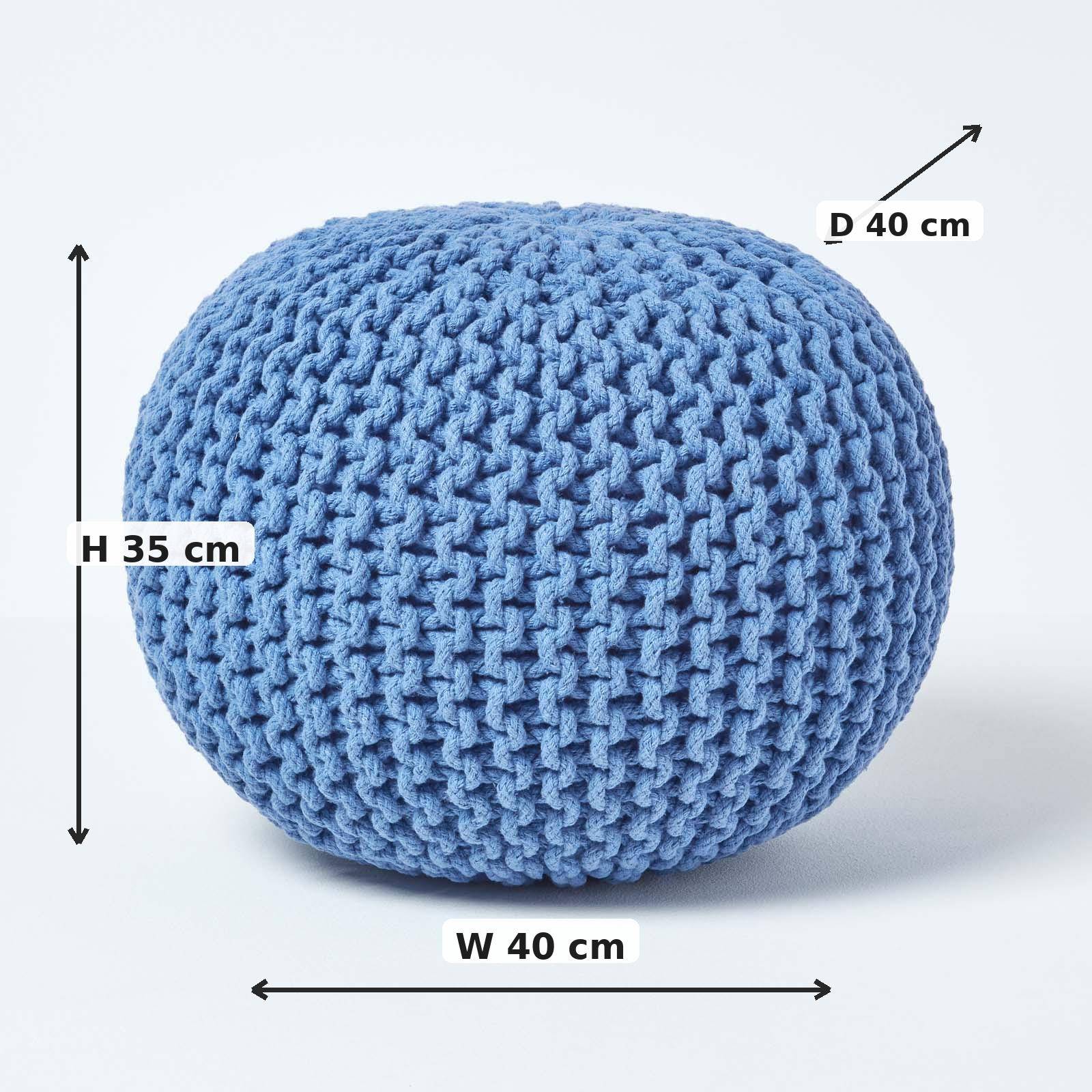 Homescapes Round Cotton Knitted Pouffe Footstool – Blue - Image 7