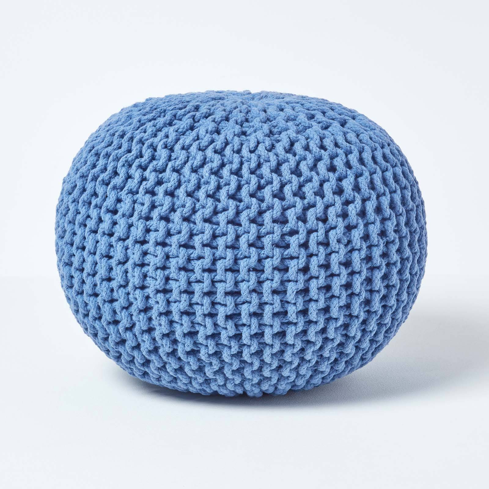 Homescapes Round Cotton Knitted Pouffe Footstool – Blue - Image 1