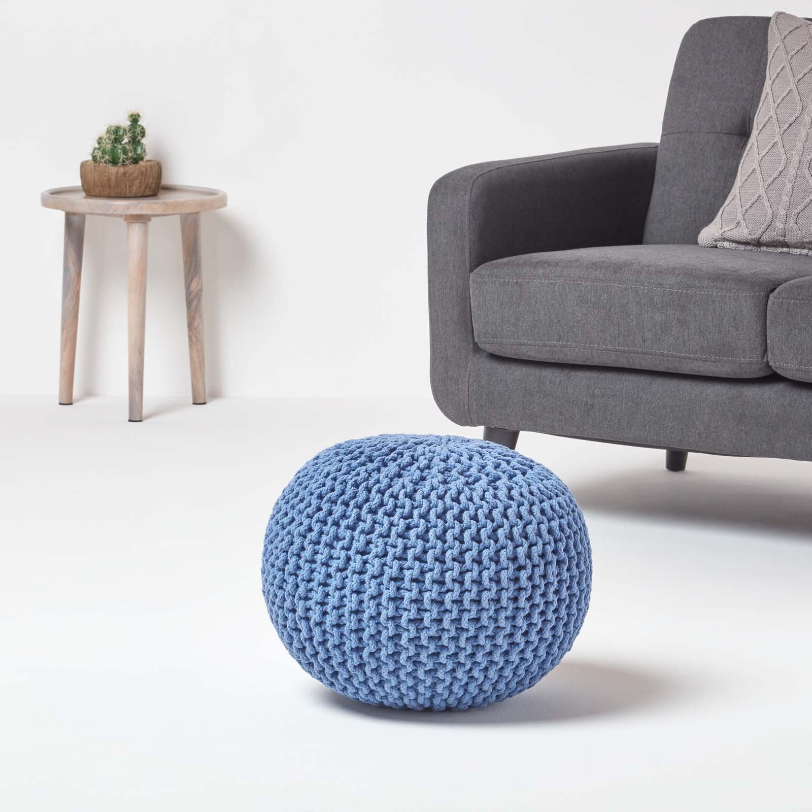 Homescapes Round Cotton Knitted Pouffe Footstool – Blue - Image 2