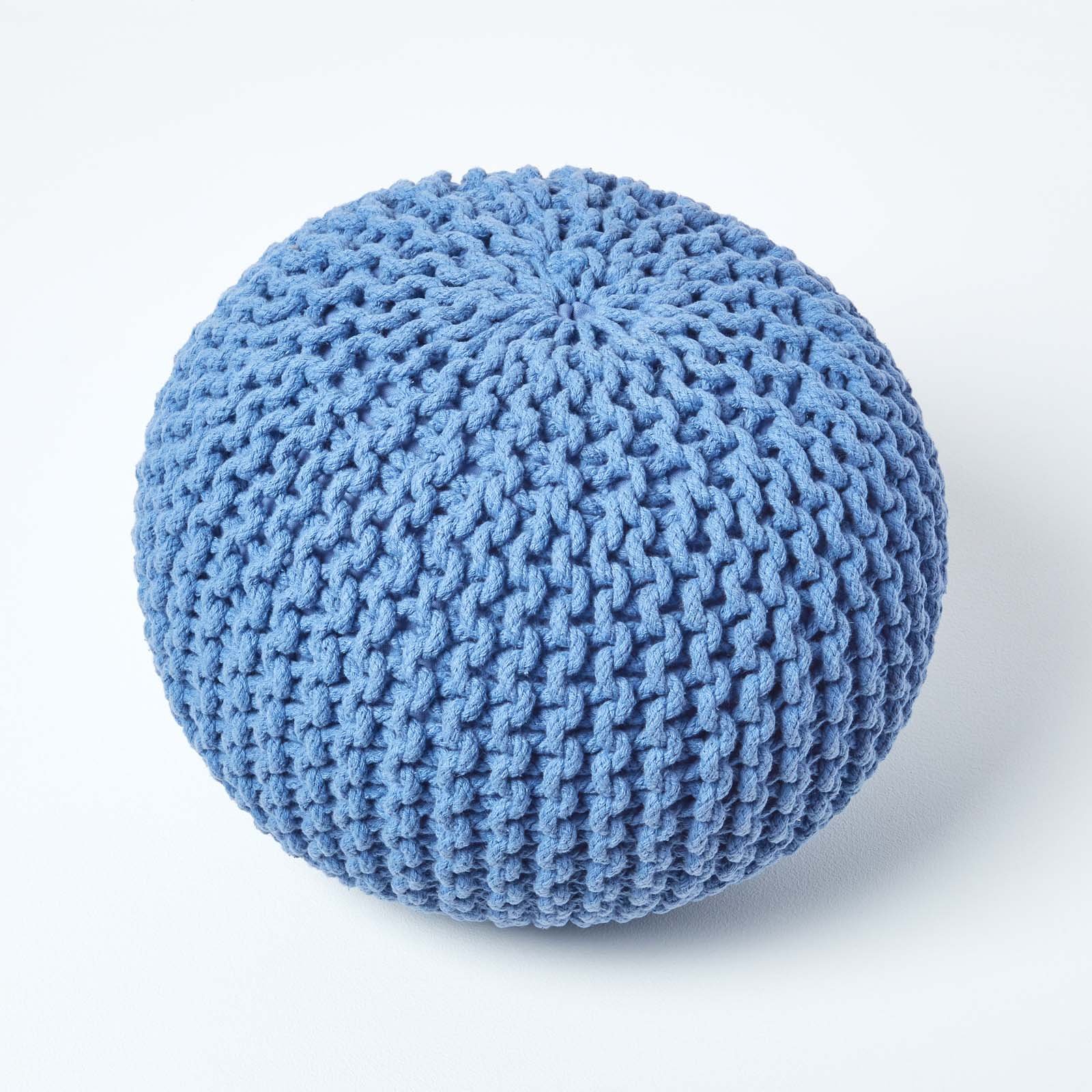 Homescapes Round Cotton Knitted Pouffe Footstool – Blue - Image 3
