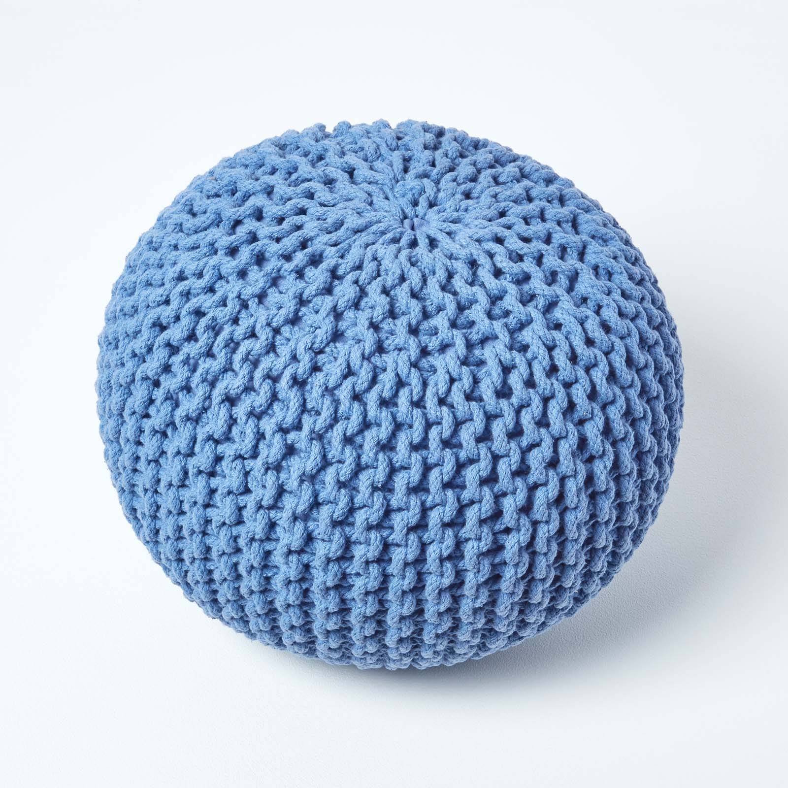 Homescapes Round Cotton Knitted Pouffe Footstool – Blue - Image 3