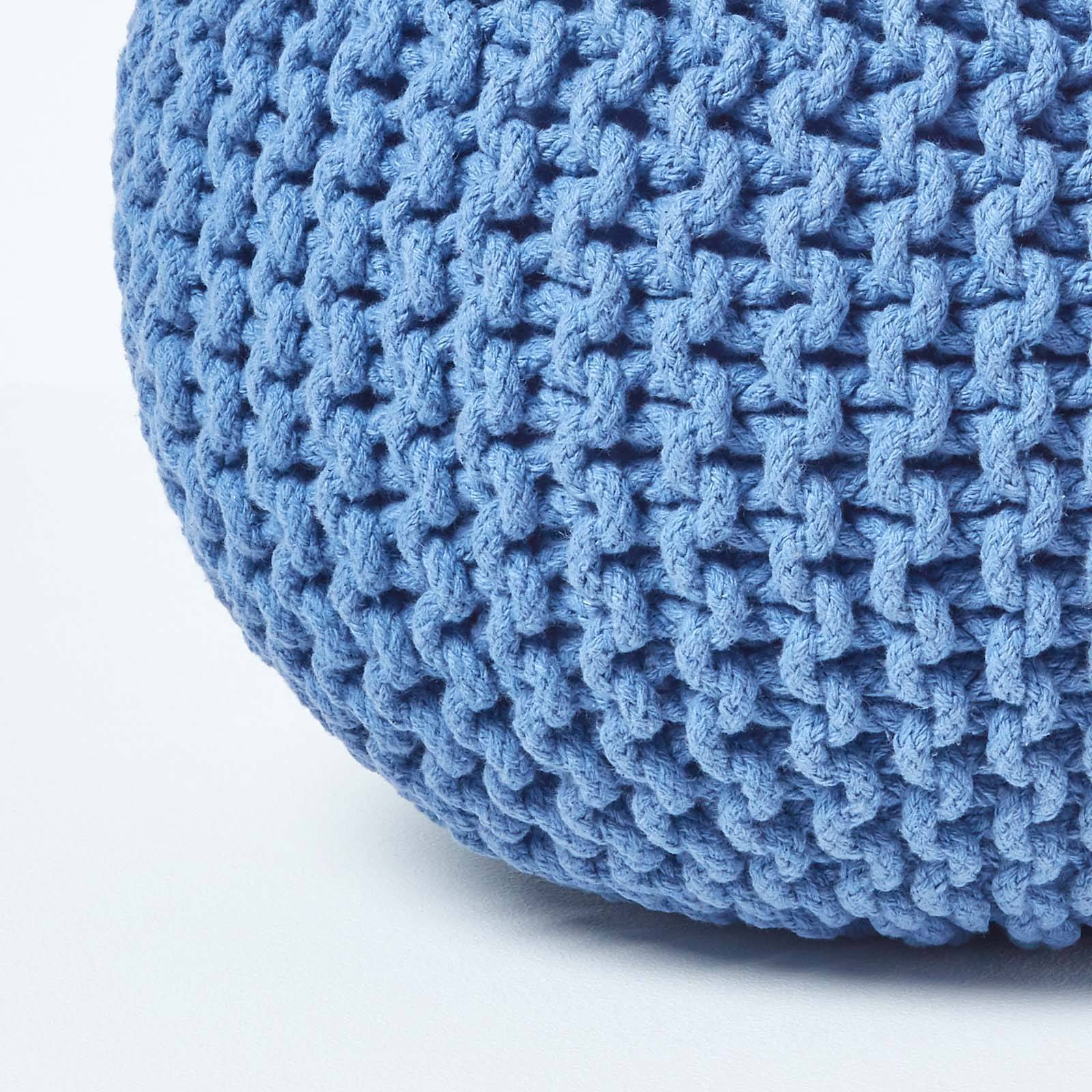 Homescapes Round Cotton Knitted Pouffe Footstool – Blue - Image 4