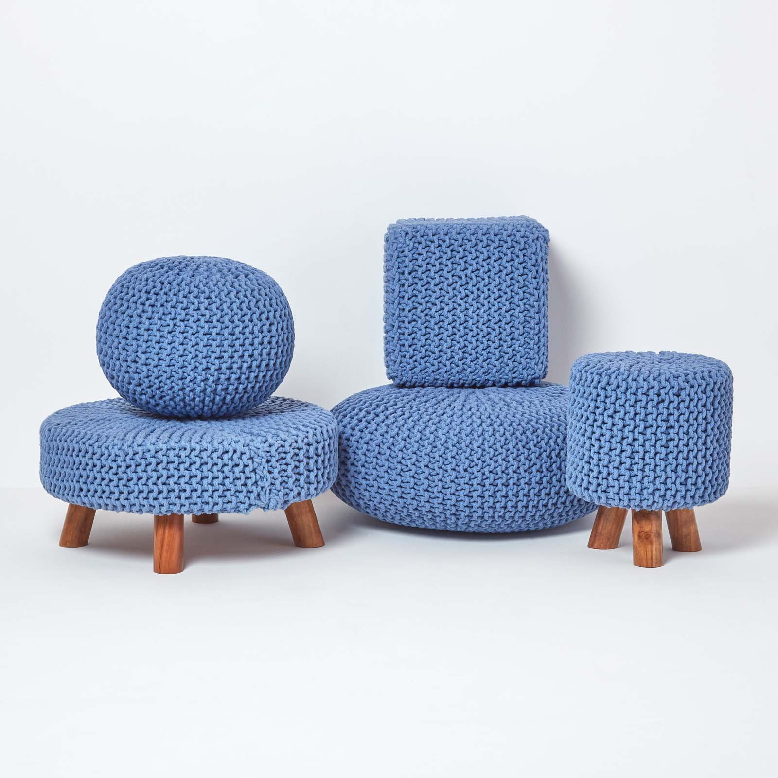 Homescapes Round Cotton Knitted Pouffe Footstool – Blue - Image 5