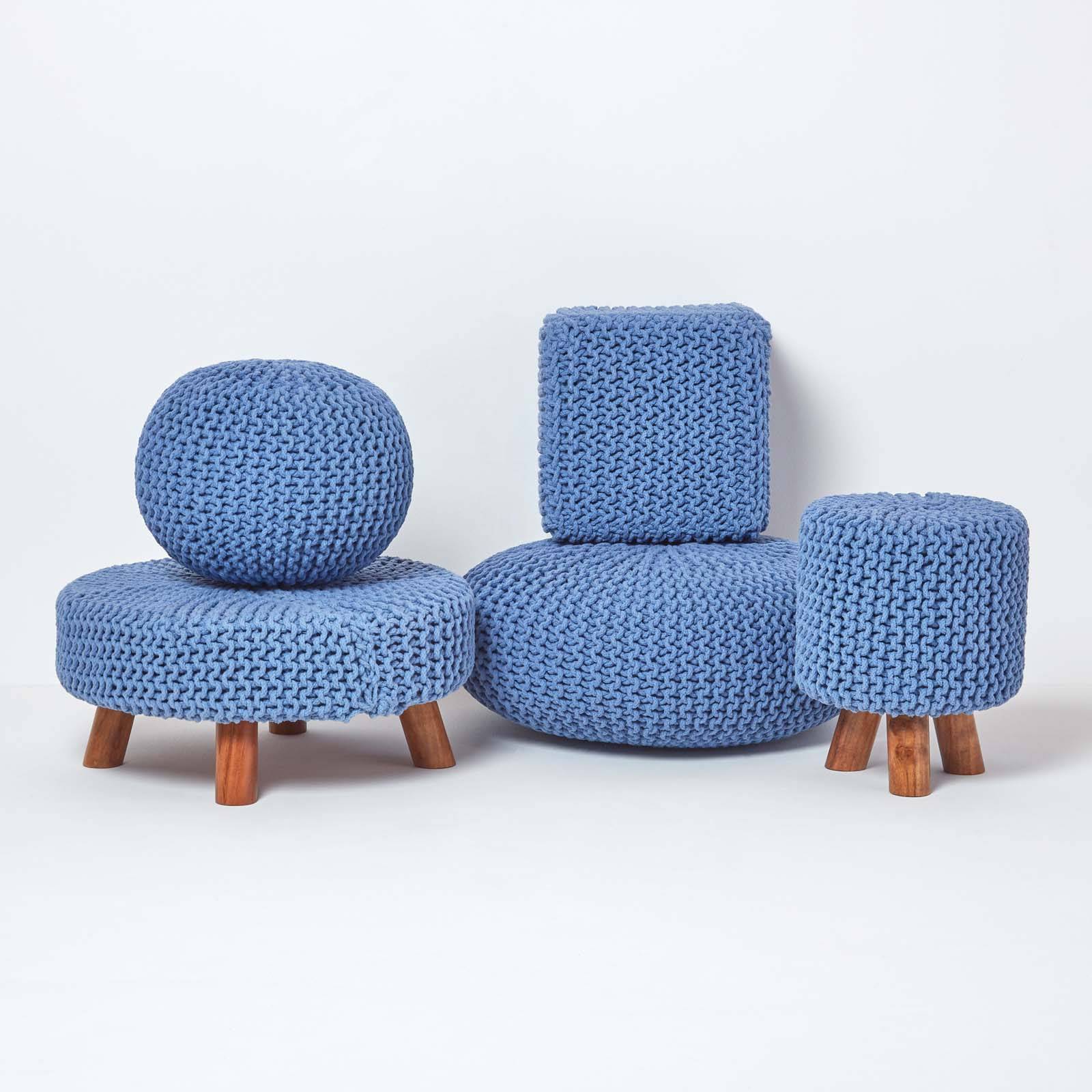 Homescapes Round Cotton Knitted Pouffe Footstool – Blue - Image 5